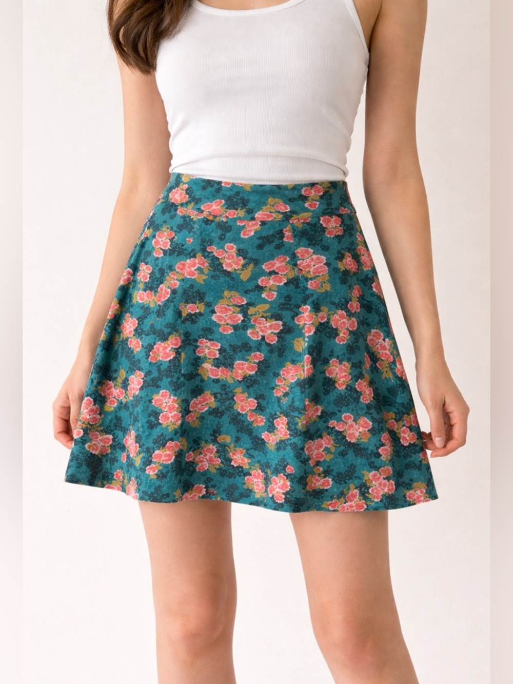 Louie Lucie Skater Skirt Women’s Medium Teal Floral Pink Roses A-Line Mini Boho